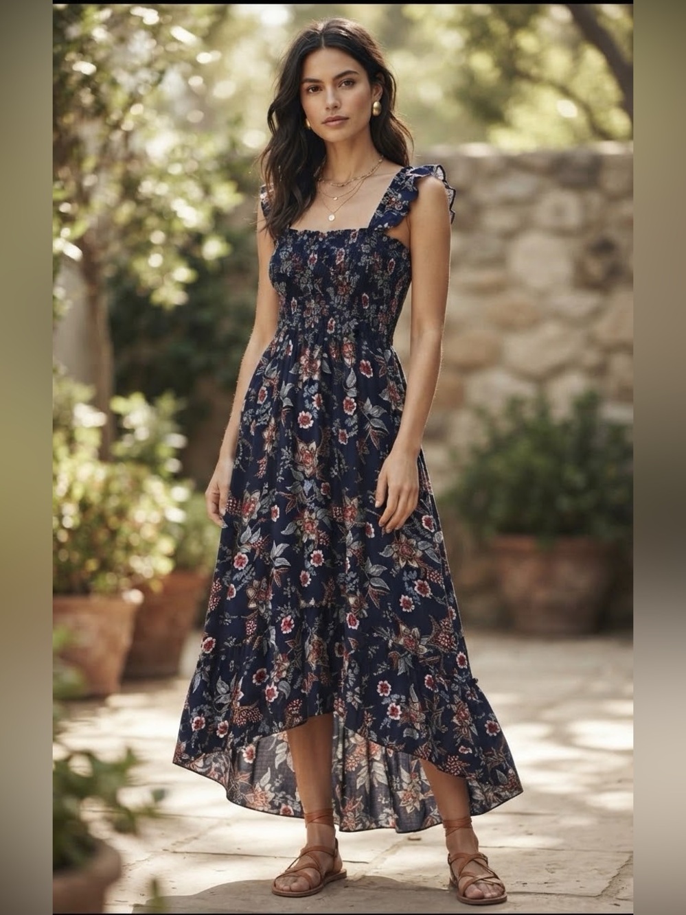 Pie in the Sky Women's L Navy Floral Square Neck Smocked Sleeveless Maxi Dress